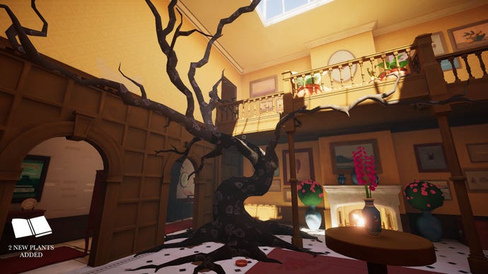 The main entrance hall in Botany Manor, showing an apparently dead tree, growing inside the room but covered in some sort of fungus