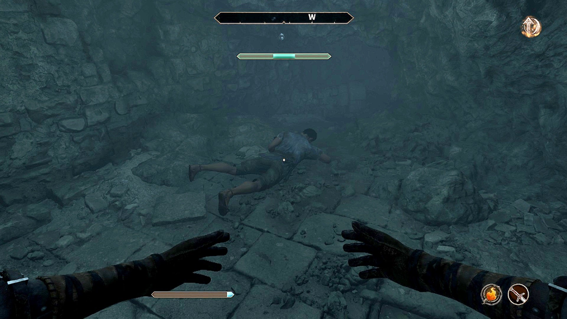 Swimming in the bottom of a well in The Elder Scrolls IV: Oblivion Remastered. A dead body lies in the rubble on the well's floor. - 5