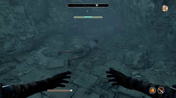Swimming in the bottom of a well in The Elder Scrolls IV: Oblivion Remastered. A dead body lies in the rubble on the well's floor.