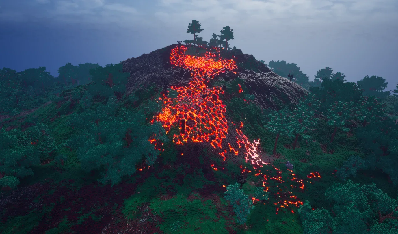 A volcano erupting all over a forest in Boundless Fun Simulator.