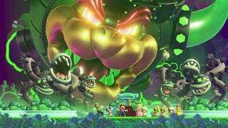 Screenshot from Super Mario Wonder showing Mario, Peach, Luigi and co looking up at Bowser, who is under the influence of the Wonder Flower and transformed into a flying fortress