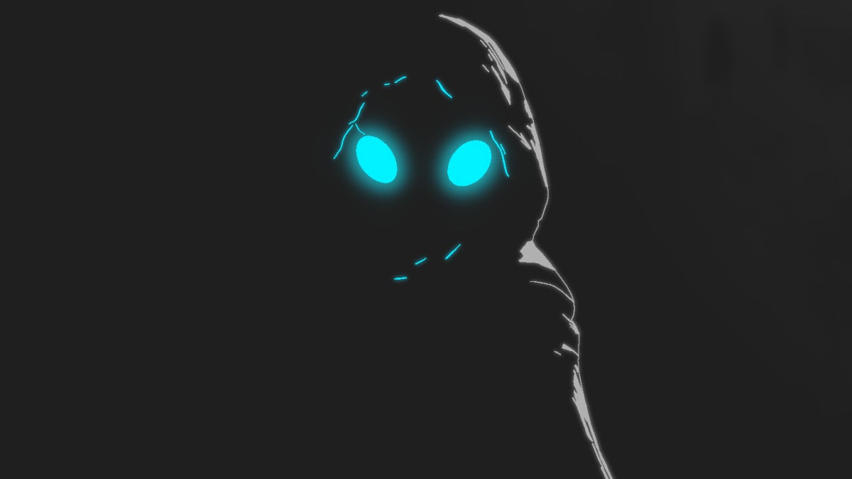 A hooded figure in darkness with glowing blue eyes from The Pale Piper