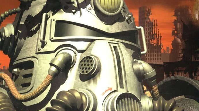 The original Fallout box art with a power armour helmet