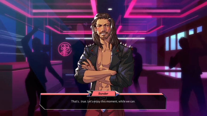 Boyfriend Dungeon - Sunder, a man in a leather jacket with long, dark hair, stands in a club and says “That’s…true. Let’s enjoy this moment, while we can."