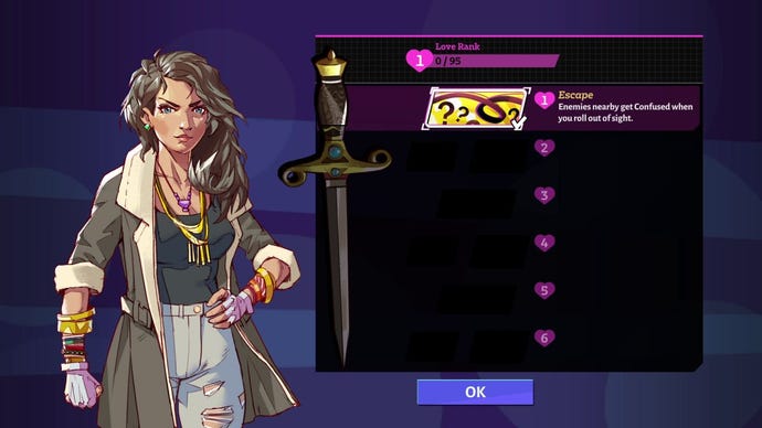 A screenshot of Valeria the dagger’s ability screen in Boyfriend Dungeon. Currently she only has one ability - enemies become confused when you dodge roll out of sight