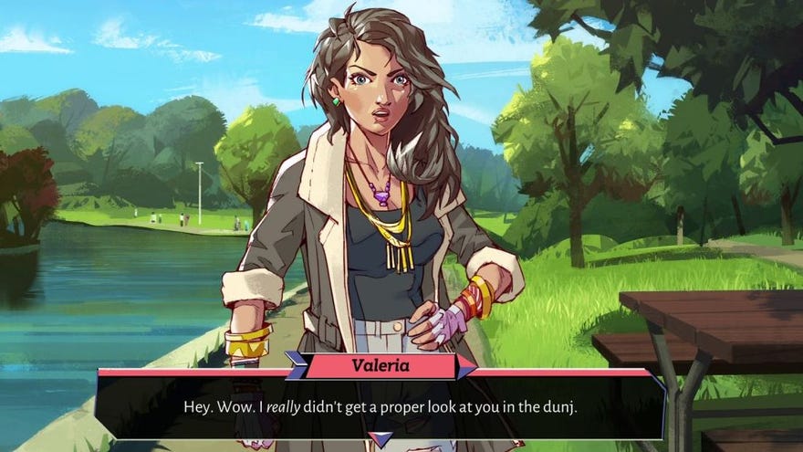 Valeria the dagger in her human form in Boyfriend Dungeon - a boho artist with long brown hair