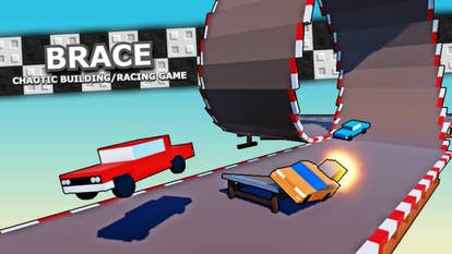 Artwork for the Roblox game Brace showing block-shaped cars racing around a race track with a loop de loop.