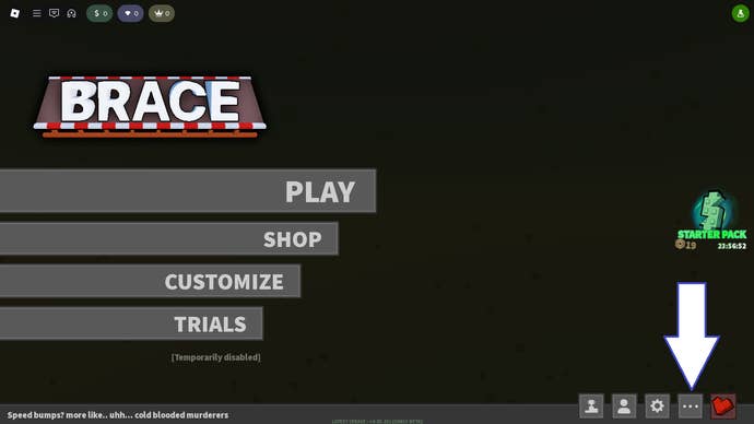 A screenshot of Brace in Roblox showing the game's menu button.