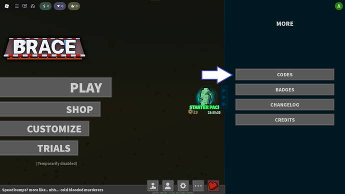A screenshot of Brace in Roblox showing the game's codes button.