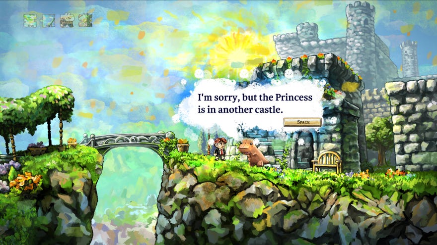 A dinosaur informs Tim, the hero of Braid, that his “princess is in another castle”.