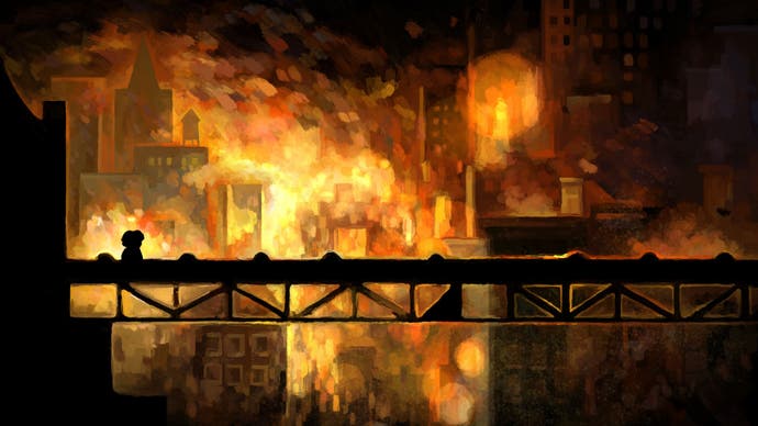 A Braid screenshot depicting a hand-illustrated cityscape at sunset. A man walks across a bridge, both silhouetted, in the foreground.