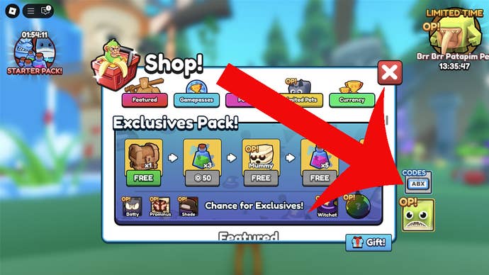 Arrow pointing at the codes button in the Roblox game Brainrot Evolution.