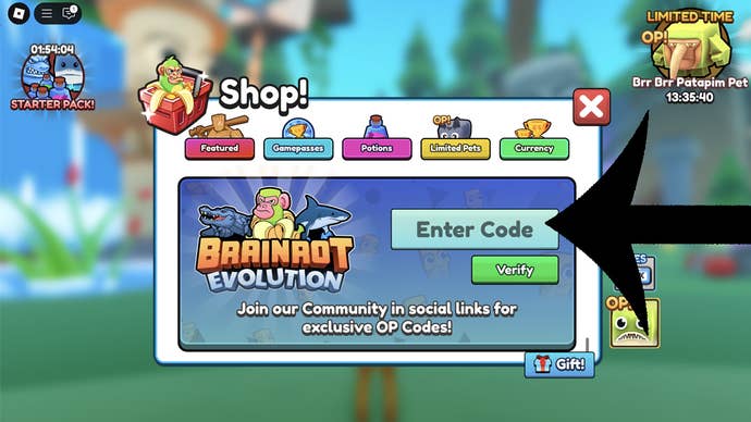 An arrow pointing at the codes menu in the Roblox game Brainrot Evolution.