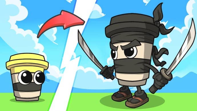 Artwork for the Roblox game Brainrot Evolution, showing a humanoid coffee cup shaped creature evolving to become bigger.