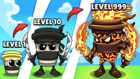 Stylised artwork for the Roblox game Brainrot Evolution, featuring Brainrot character Assassino Cappuccino evolving as he levels up.