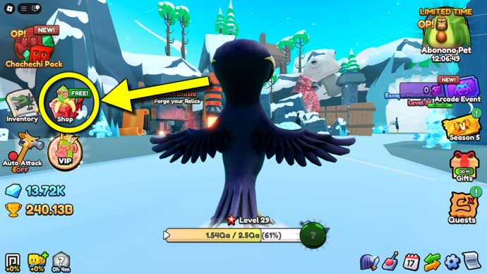 A screenshot from the game Brainrot Evolution, featuring an arrow pointing to the in-game shop icon where you can redeem codes.