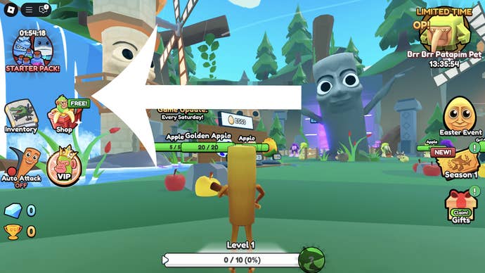 Arrow pointing at the shop button in the Roblox game Brainrot Evolution.