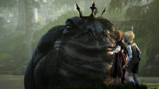 A screenshot from Bramble: The Mountain King. Two children stand in front of a huge, car-sized toad with a crown on. In the game's reality, the children have been shrunk.