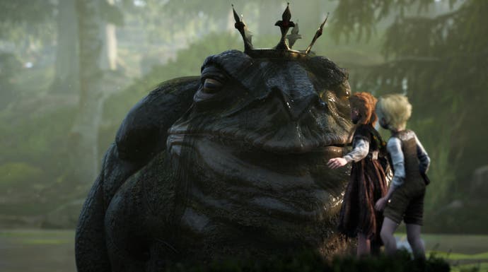 A screenshot from Bramble: The Mountain King. Two children stand in front of a huge, car-sized toad with a crown on. In the game's reality, the children have been shrunk.