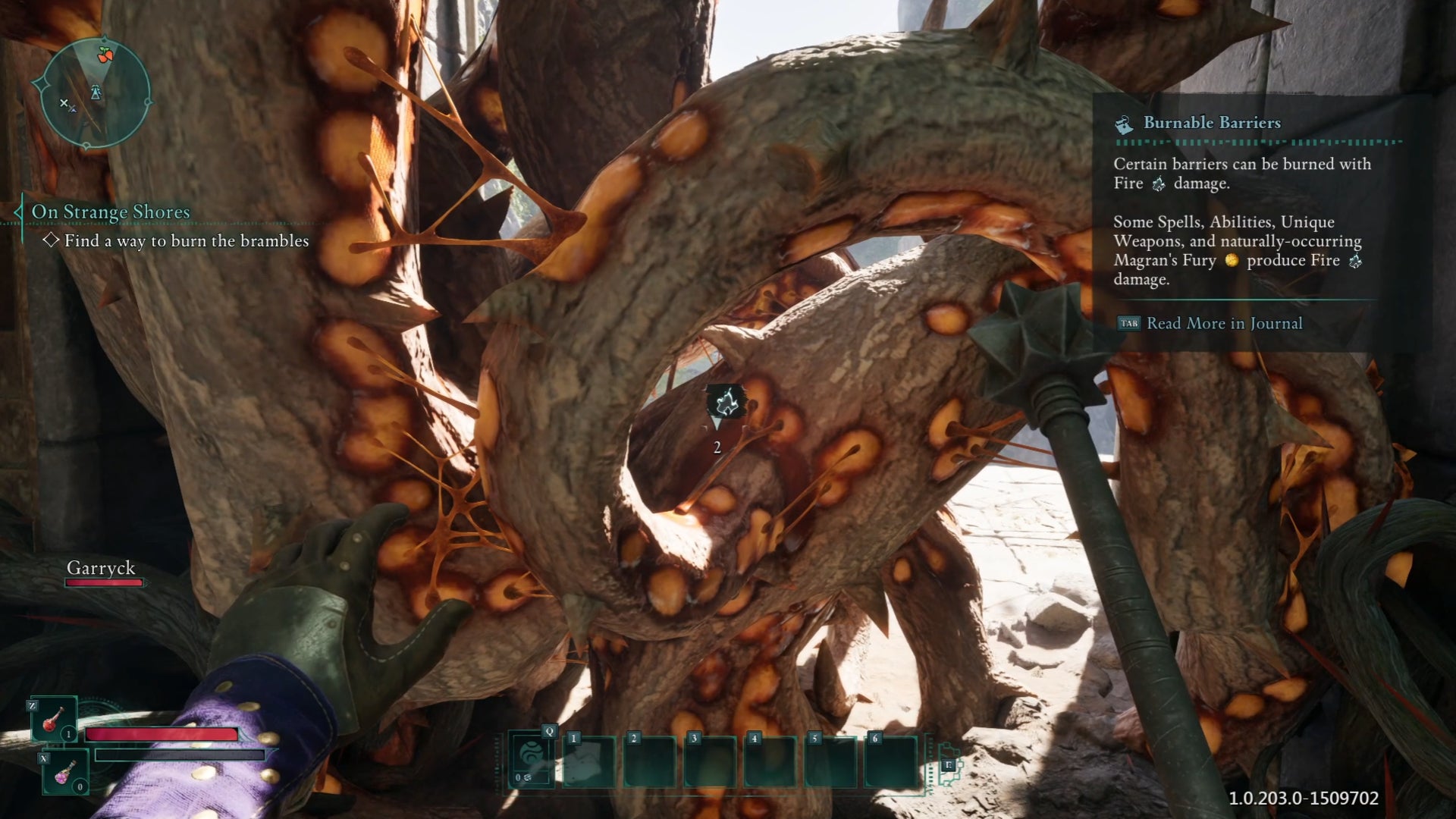 A first-person view of a group of huge brambles blocking a doorway in Avowed. A text description on the brambles indicates that fire damage is needed to destroy them. - 3