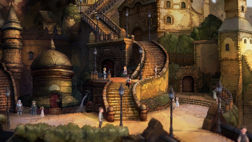 A screenshot of Bravely Default 2 showing its gorgeous painted backgrounds.