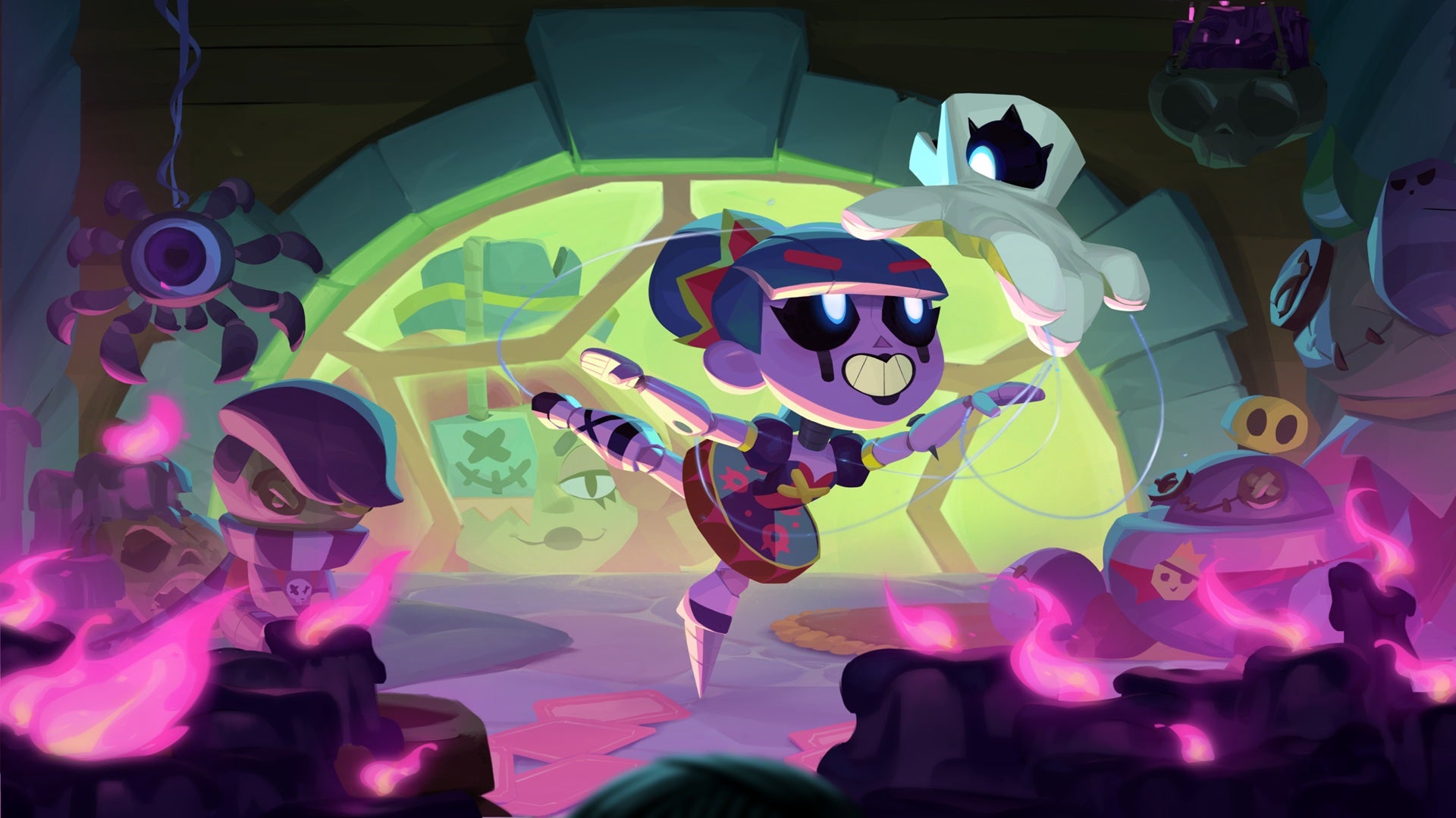 A purple-skinned marionette girl in highly cartoonised style dances against an eerie green backdrop overlooked by various Halloweeny monsters in Gigi's intro art from Brawl Stars. - 6