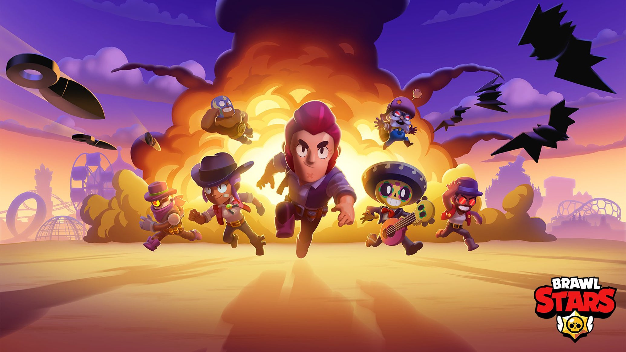 Artwork for the mobile game Brawl Stars, showing cute, 3D cartoon-like characters running away from an explosion. - 1