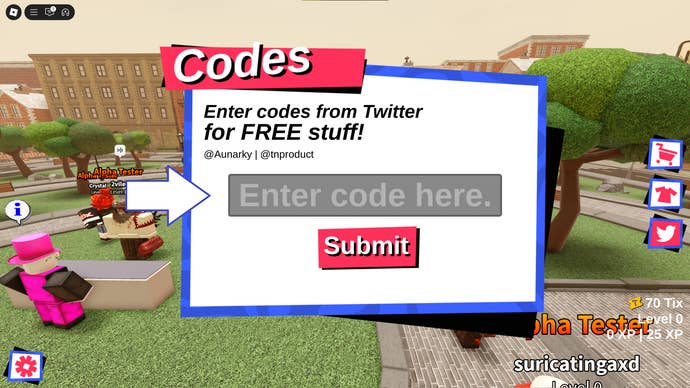 A screenshot of BrawlR in Roblox showing the game's codes field.