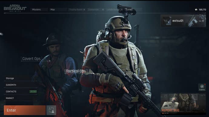 A screenshot from Arena Breakout: Infinite, featuring a squad of soldiers in tactical combat gear, and an online lobby menu.