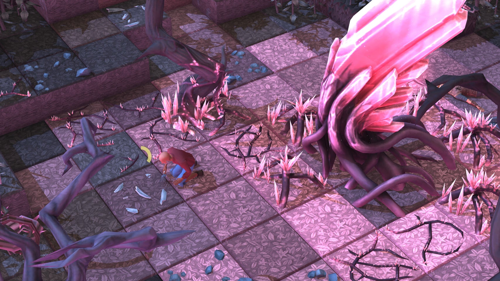 Brighter Shores screenshot showing someone inspecting something, a large pink crystal behind them. - 1