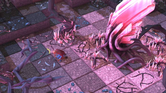 Brighter Shores screenshot showing someone inspecting something, a large pink crystal behind them.