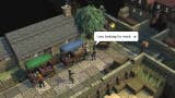A Brighter Shores screenshot showing a street viewed from an isometric perspective. A character can be seen telling a market stall trader, "I am looking for work."