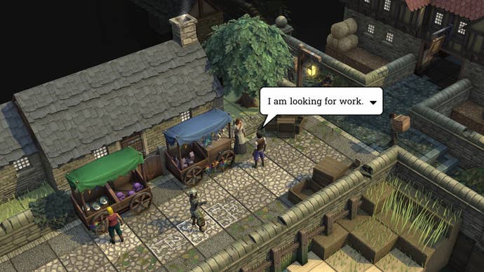 A Brighter Shores screenshot showing a street viewed from an isometric perspective. A character can be seen telling a market stall trader, “I am looking for work."