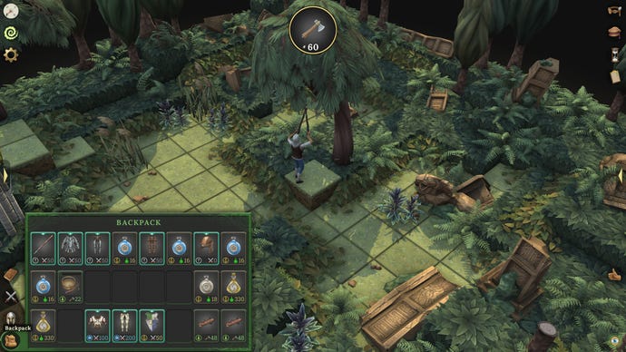 Le personnage du joueur abat un arbre dans les bois avec le menu de son sac à dos ouvert dans le MMORPG Brighter Shores.