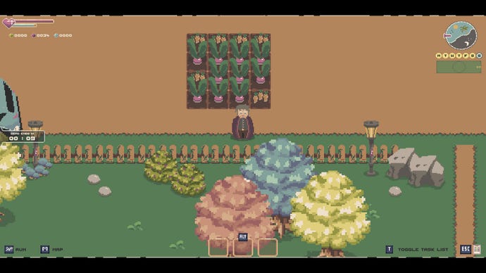 A man stands looking at a pixel art garden in Brocula