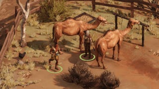 Screenshot from Broken Roads showing two characters, one male and one female, standing by two camels