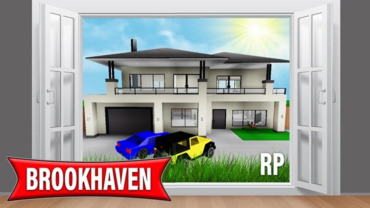 Artwork for the Roblox game Brookhaven, showing a large, luxurious house with cars in the driveway outside. - 4