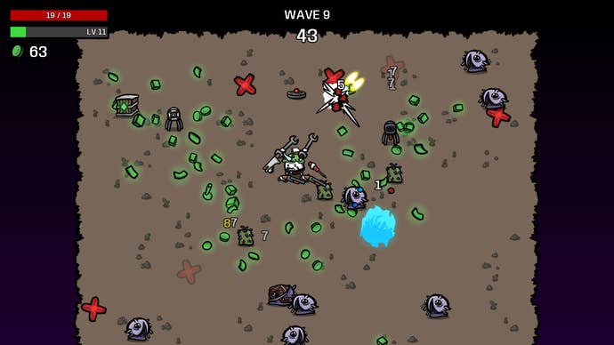 Playing Brotato on a smaller map as the Old character.