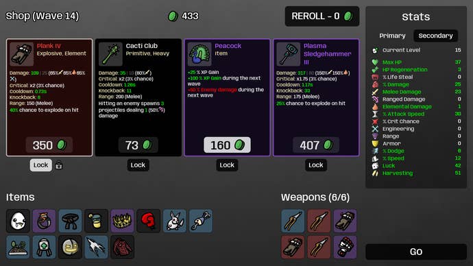 Shopping in a Brotato screenshot.