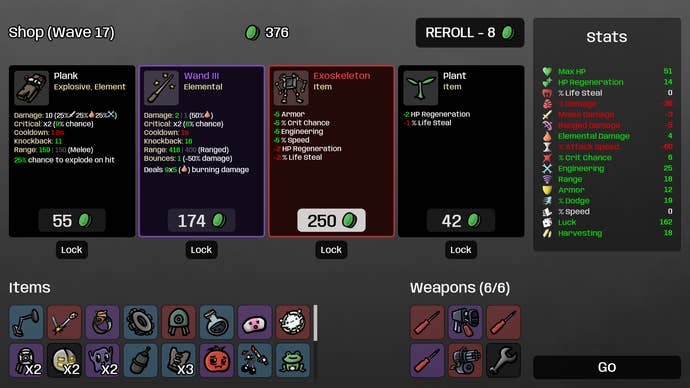 Shopping for an exoskeleton in a Brotato screenshot.