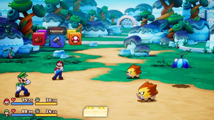 Mario and Luigi engage in a side-on view battle against two small hedgehogs in Brothership.
