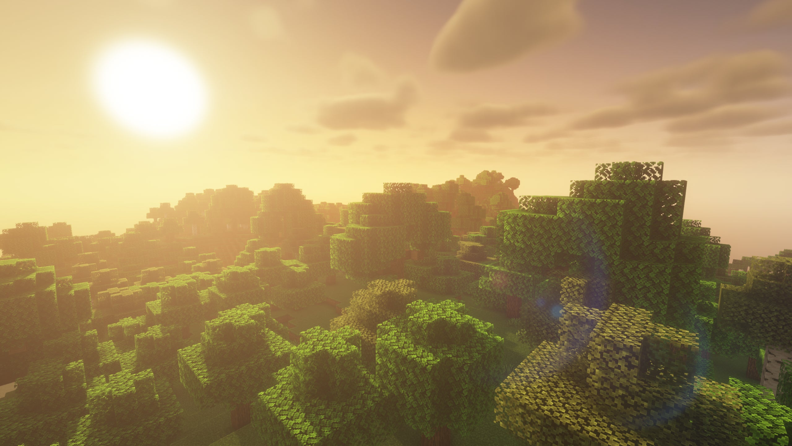 A sunrise over a forest in Minecraft showcasing BSL Shaders.