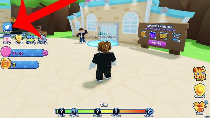 An arrow pointing at the codes button in the Roblox game Bubble Gum Simulator Infinity.