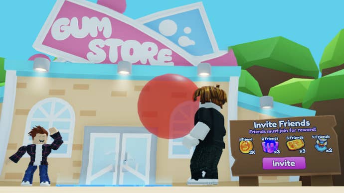 A Roblox character blowing a big bubble outside a bubble gum store in the game Bubble Gum Simulator Infinity.
