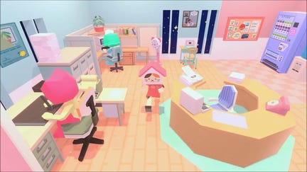 A cat wearing a pink t-shirt and house hat moves through a colourful office space in Bubblegum Galaxy