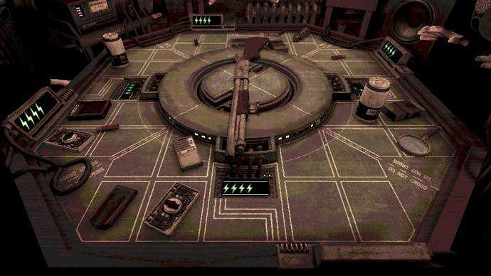 A shotgun lies on a table with four players looking on, surrounded by gadgets.