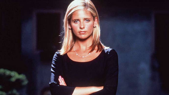 The titular Buffy the Vampire Slayer stood with her arms crossed in a promotional shot for theshow.