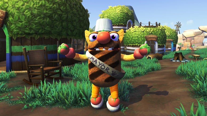 The deliciously fruity mayor in a Bugsnax screenshot.
