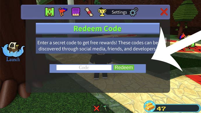 An arrow pointing at the codes menu in the Roblox game Build a Boat for Treasure.