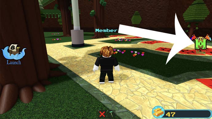 An arrow pointing at the menu button in the Roblox game Build a Boat for Treasure.